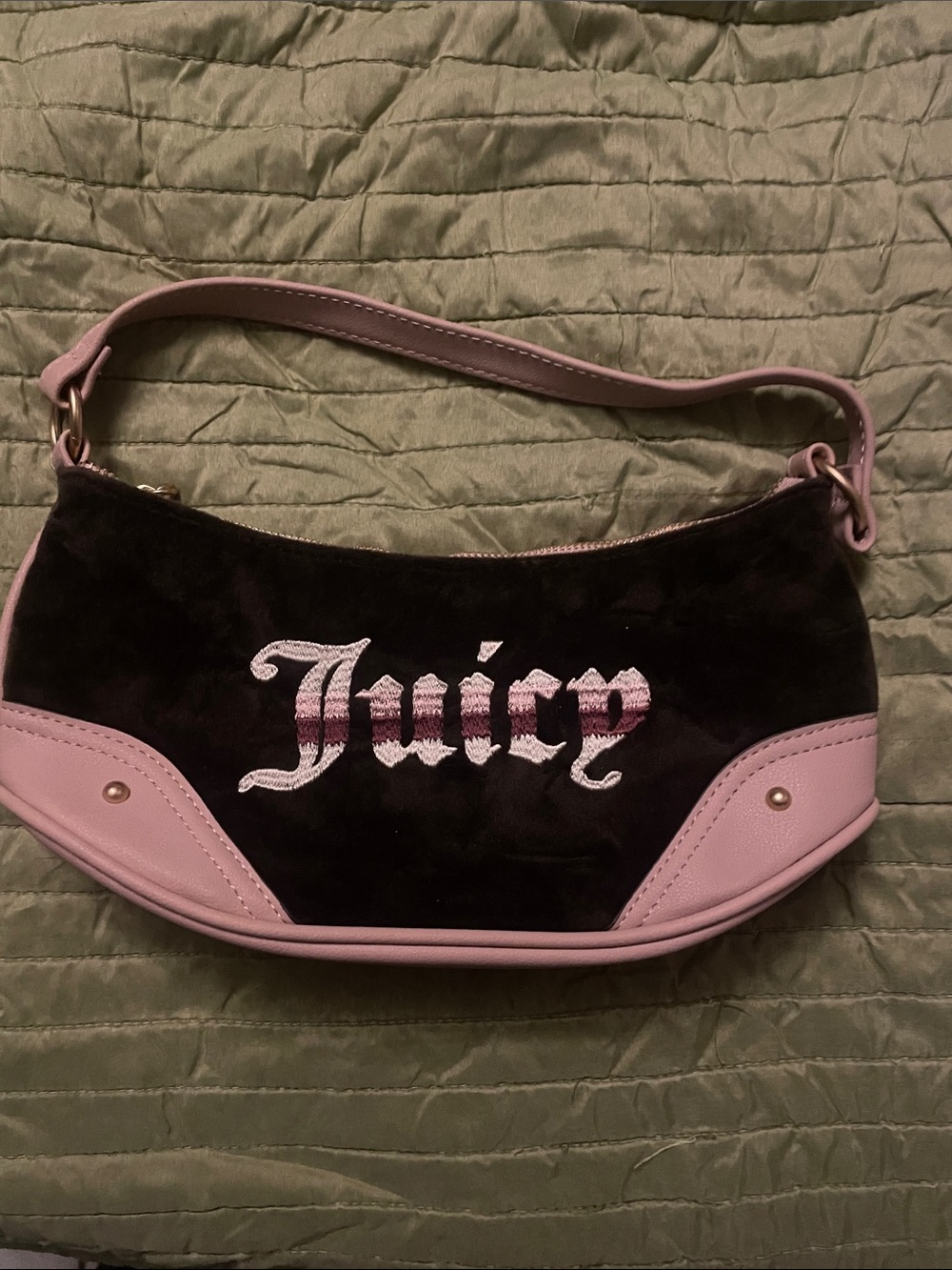 Juicy Couture Brown Velvet Shoulder Bag with Pink Trim and Embroidered Logo